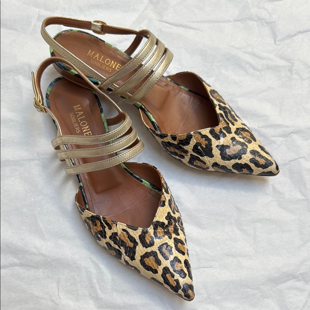 Malone Souliers Leopard Print Slingback Flats, Size 38.5